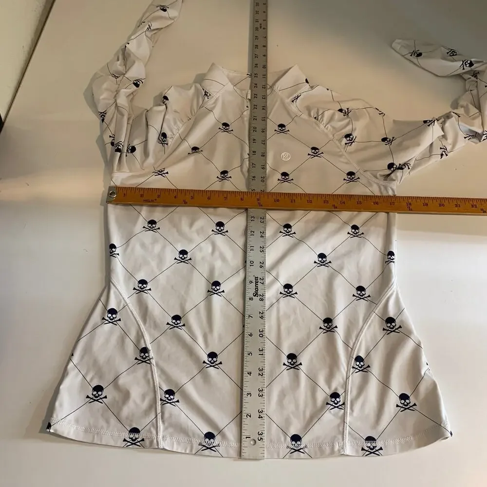 G/Fore Top Womens M Medium White Navy Skull Motif 1/4 Zip Ruched Long Sleeves